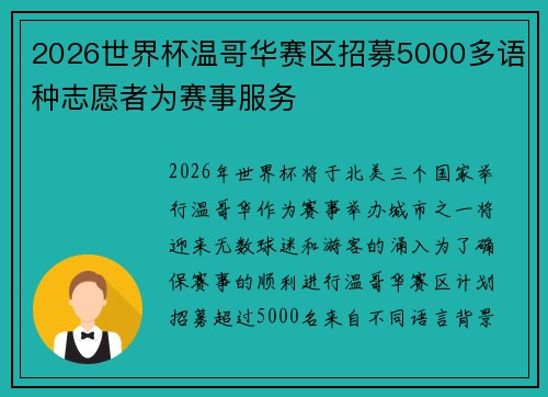 2026世界杯温哥华赛区招募5000多语种志愿者为赛事服务