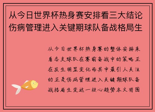 从今日世界杯热身赛安排看三大结论伤病管理进入关键期球队备战格局生变