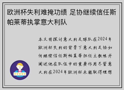 欧洲杯失利难掩功绩 足协继续信任斯帕莱蒂执掌意大利队