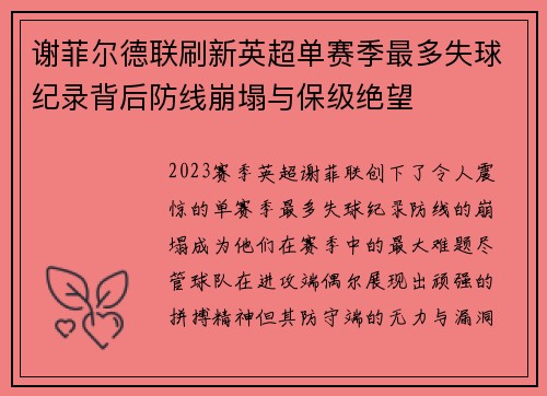 谢菲尔德联刷新英超单赛季最多失球纪录背后防线崩塌与保级绝望