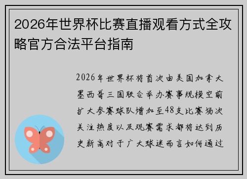 2026年世界杯比赛直播观看方式全攻略官方合法平台指南